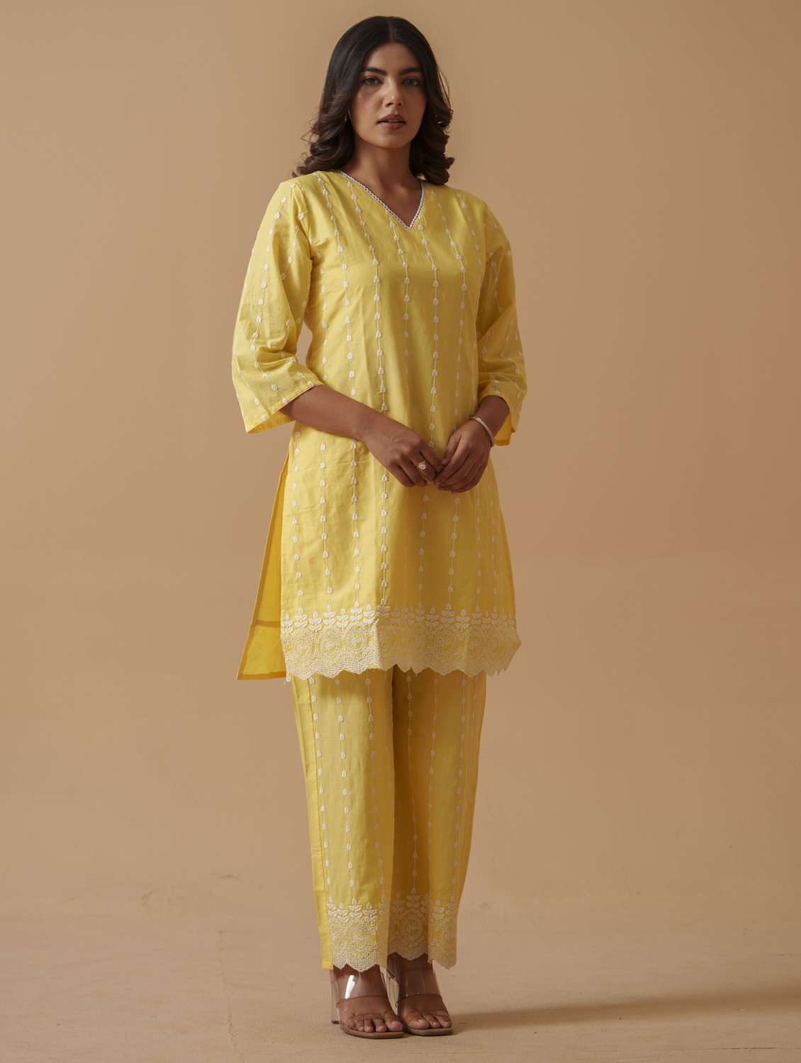 women solid with work three quarter sleeve ethnic co-ord set - 22282196 -  Standard Image - 2