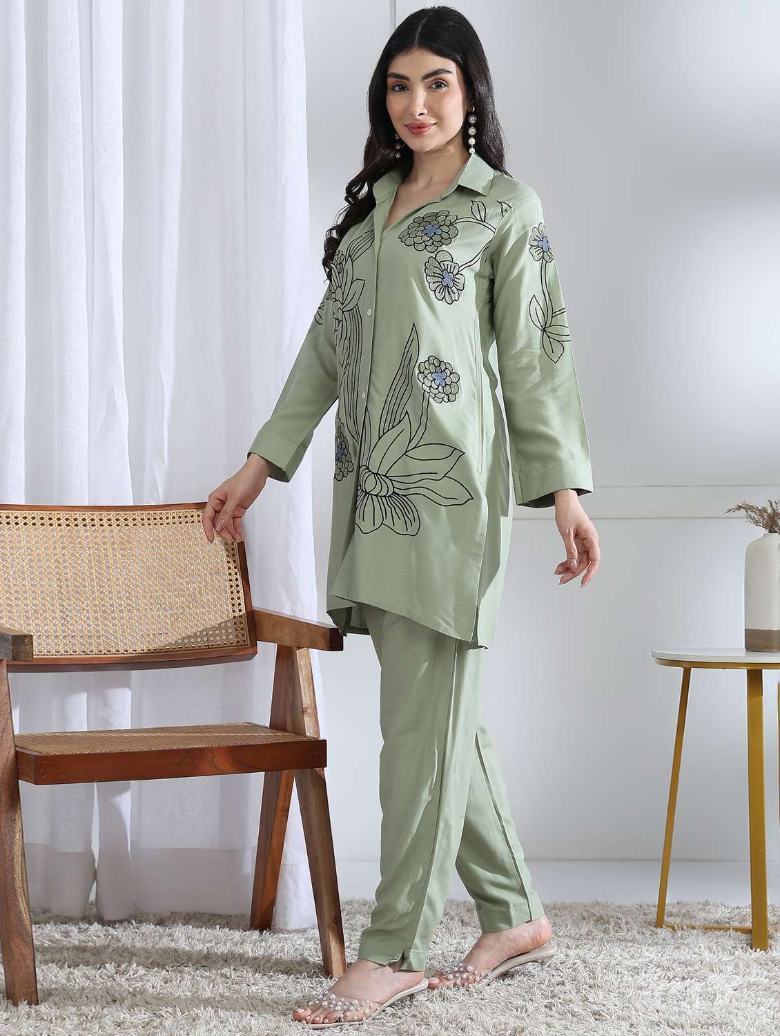 women solid with work long sleeve ethnic co-ord set - 22282199 -  Standard Image - 2