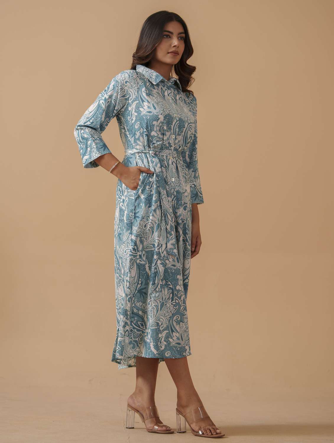 women printed collared fit & flare dress - 22282213 -  Standard Image - 2