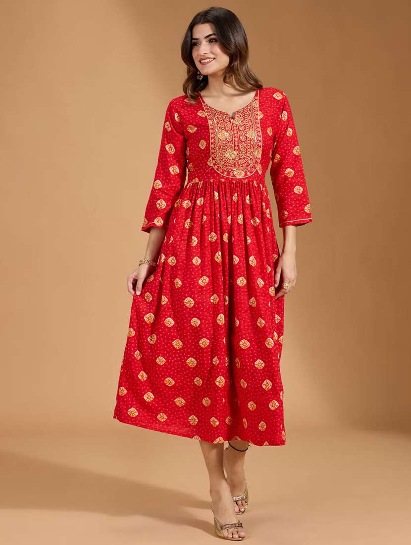 women printed three quarter sleeve a-line ethnic dress - 22282215 -  Standard Image - 2