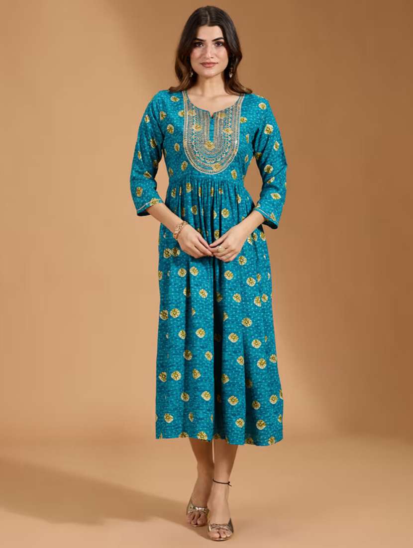 women printed three quarter sleeve a-line ethnic dress - 22282216 -  Standard Image - 2