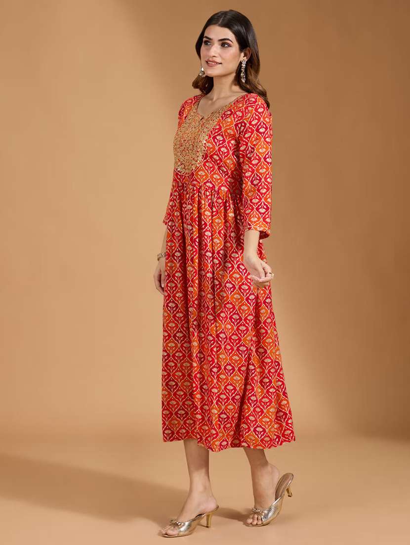 women printed three quarter sleeve a-line ethnic dress - 22282217 -  Standard Image - 2