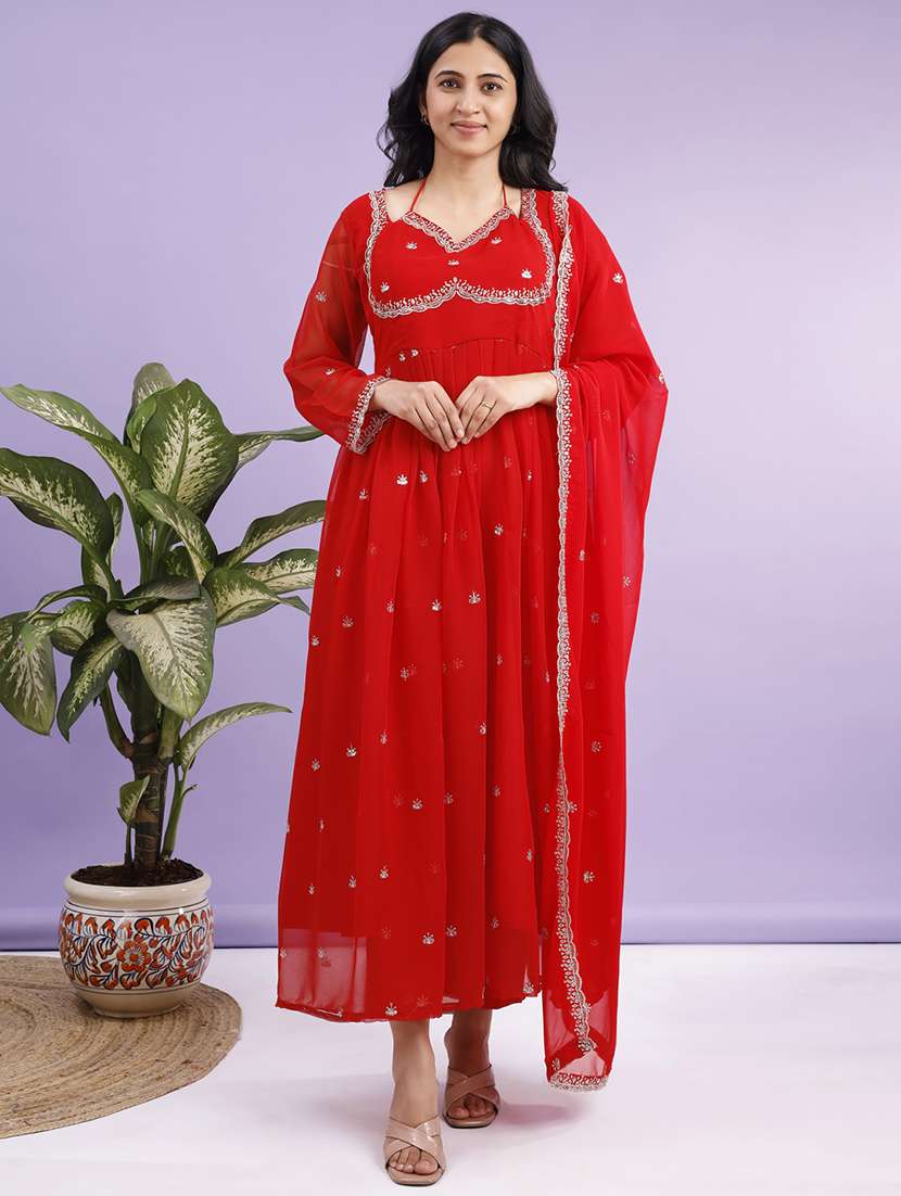 women solid with work long sleeve kurta with dupatta set - 22282296 -  Standard Image - 2