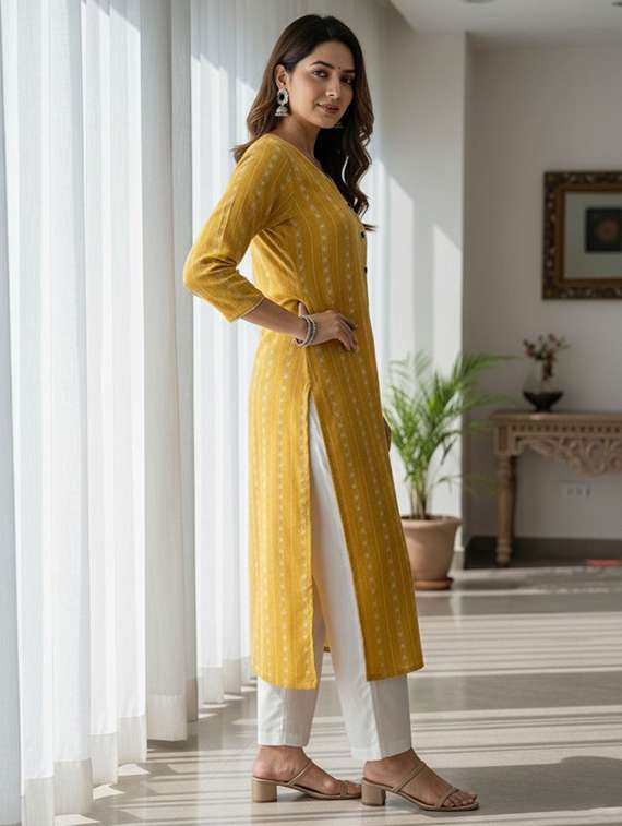 women self design three quarter sleeve straight kurta - 22282328 -  Standard Image - 2