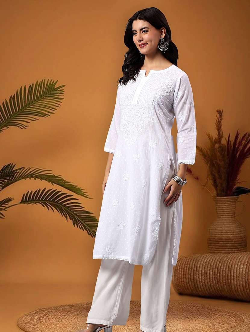 women solid with work three quarter sleeve straight kurta - 22282338 -  Standard Image - 2