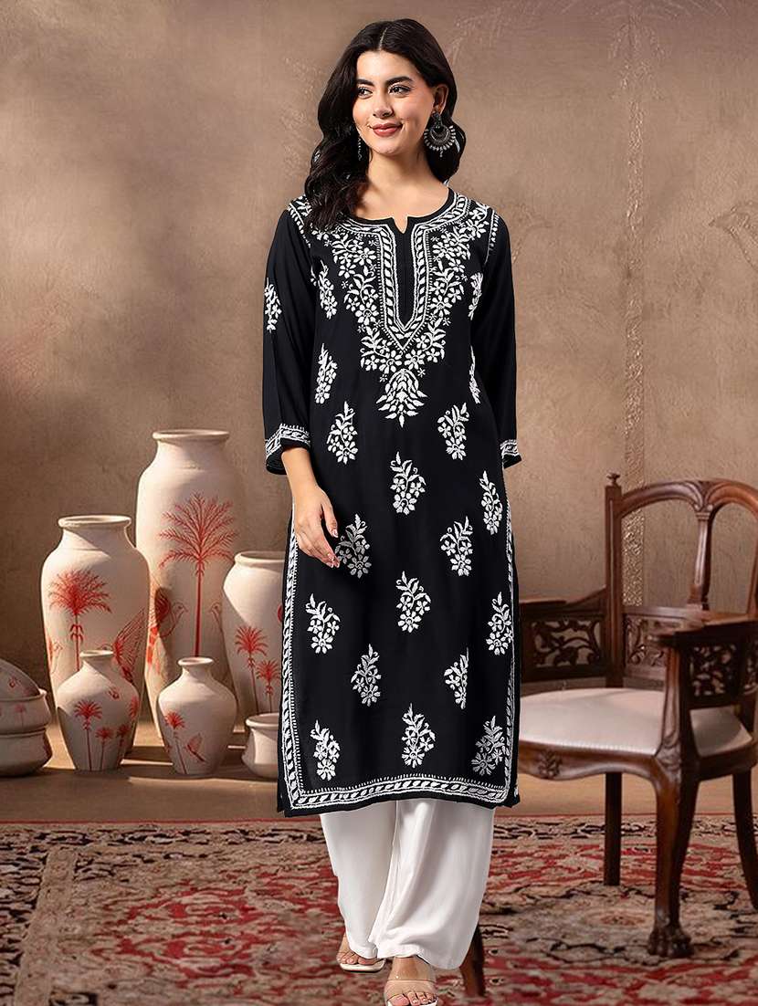 women solid with work three quarter sleeve straight kurta