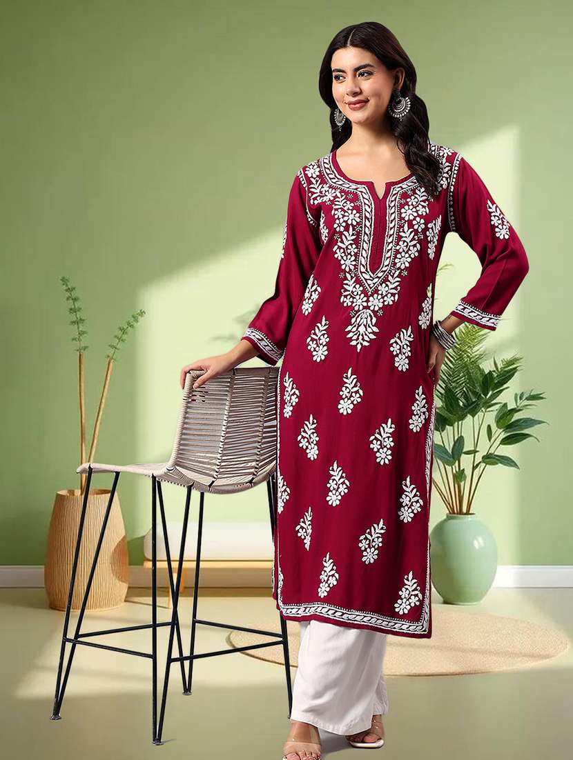 women solid with work three quarter sleeve straight kurta