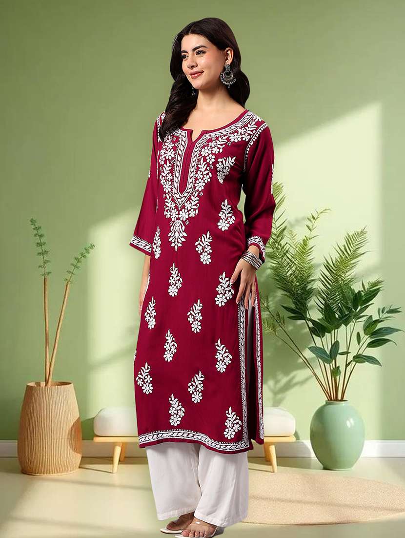 women solid with work three quarter sleeve straight kurta - 22282341 -  Standard Image - 2