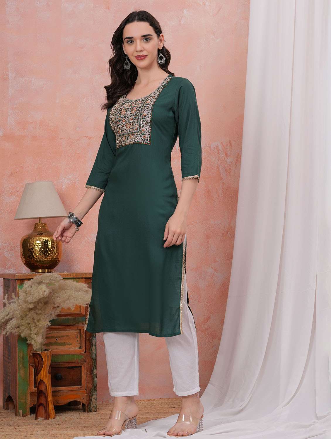 women solid with work three quarter sleeve straight kurta - 22282367 -  Standard Image - 2