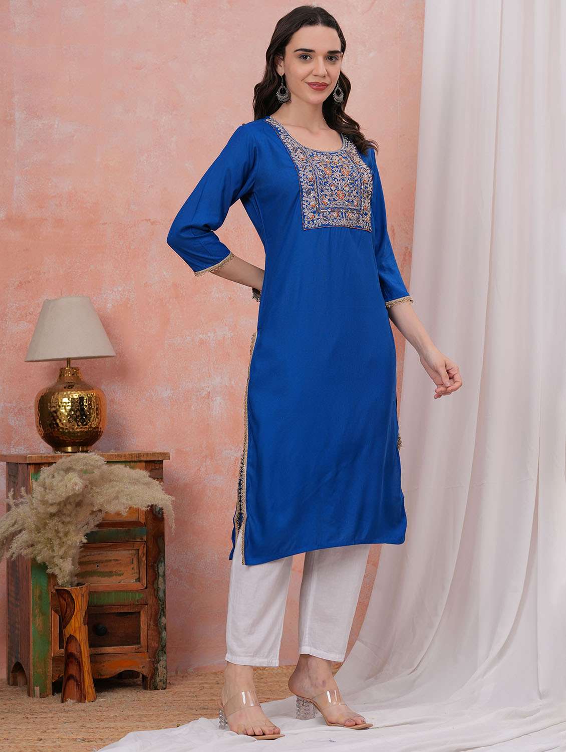 women solid with work three quarter sleeve straight kurta - 22282368 -  Standard Image - 2