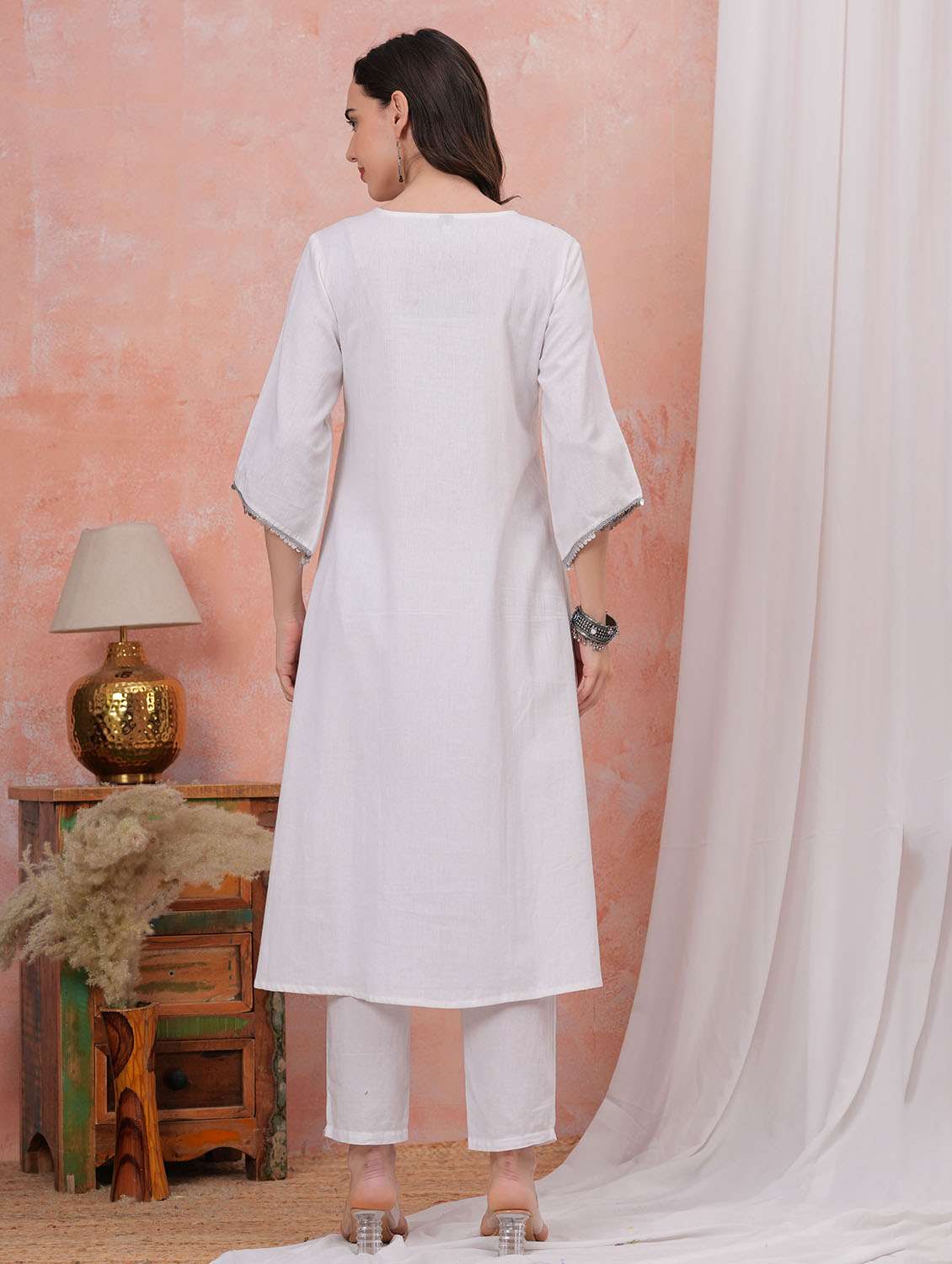 women solid with work three quarter sleeve a-line kurta - 22282370 -  Standard Image - 2