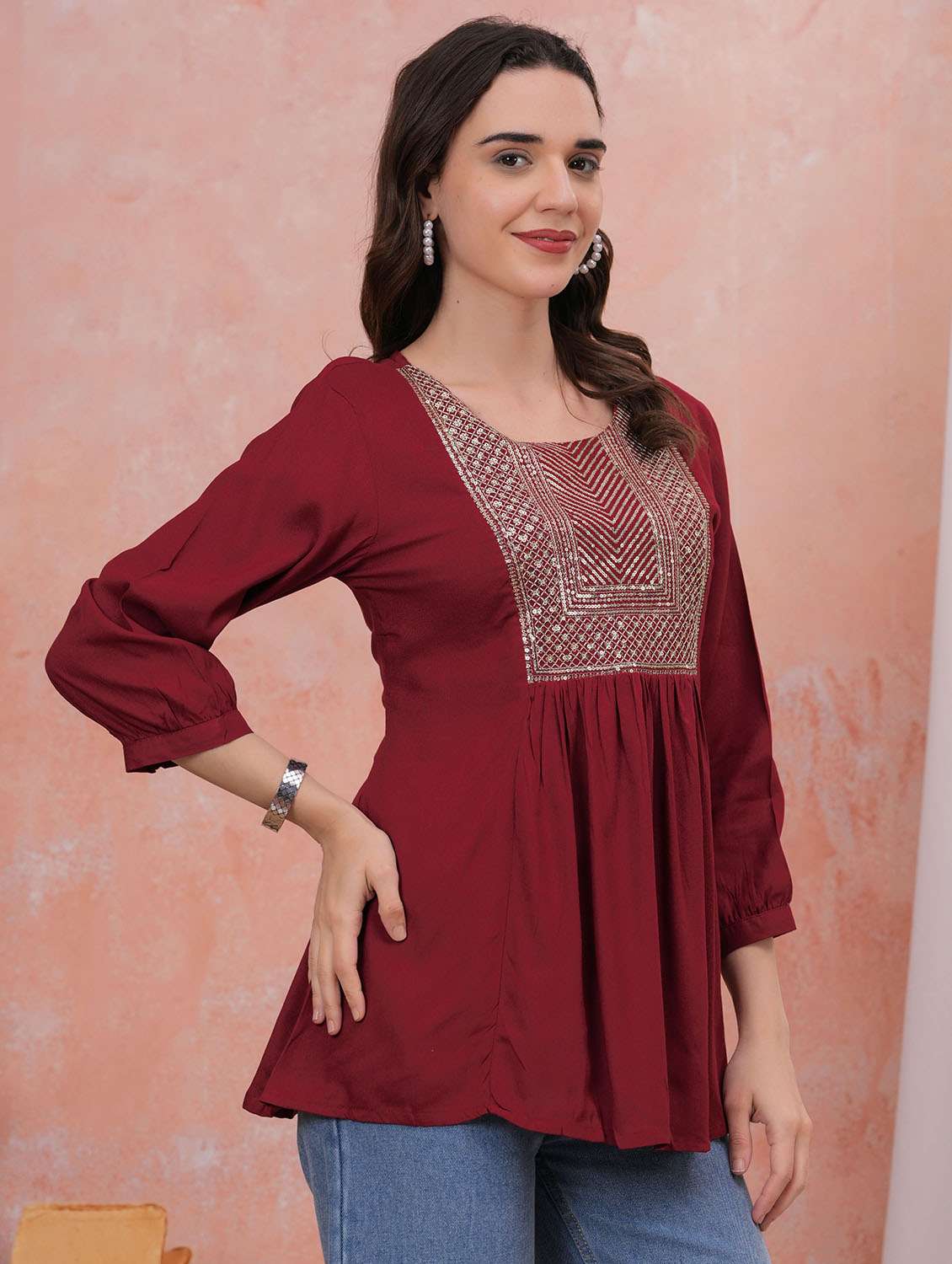 women solid with work three quarter sleeve a-line tunic - 22282371 -  Standard Image - 2