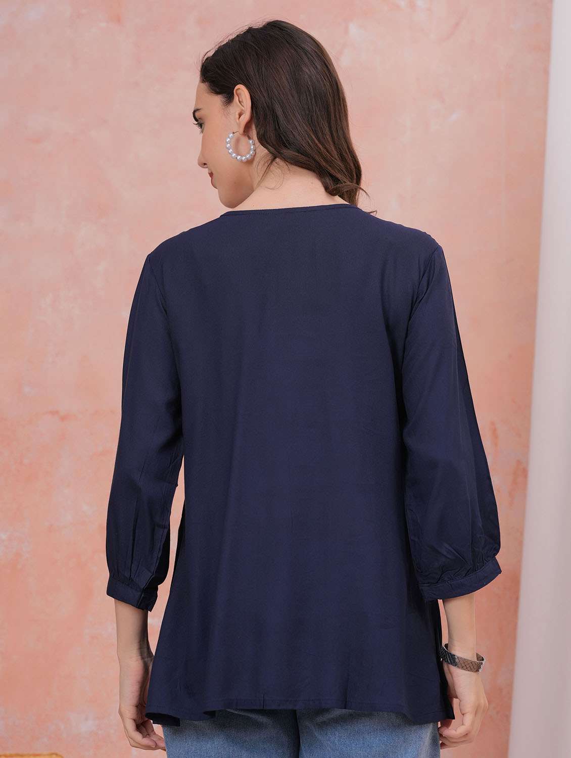 women solid with work three quarter sleeve a-line tunic - 22282372 -  Standard Image - 2