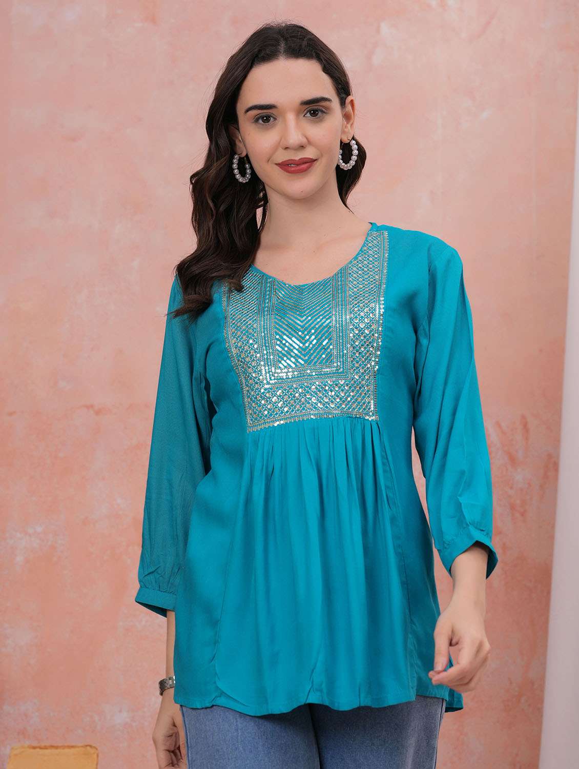 women solid with work three quarter sleeve a-line tunic