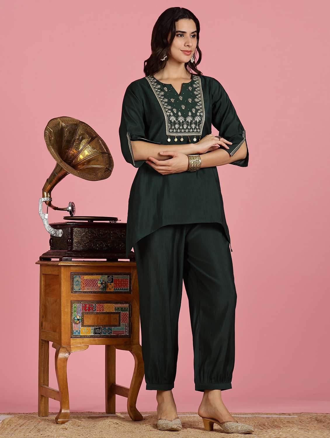 women solid with work three quarter sleeve ethnic co-ord set - 22282394 -  Standard Image - 2