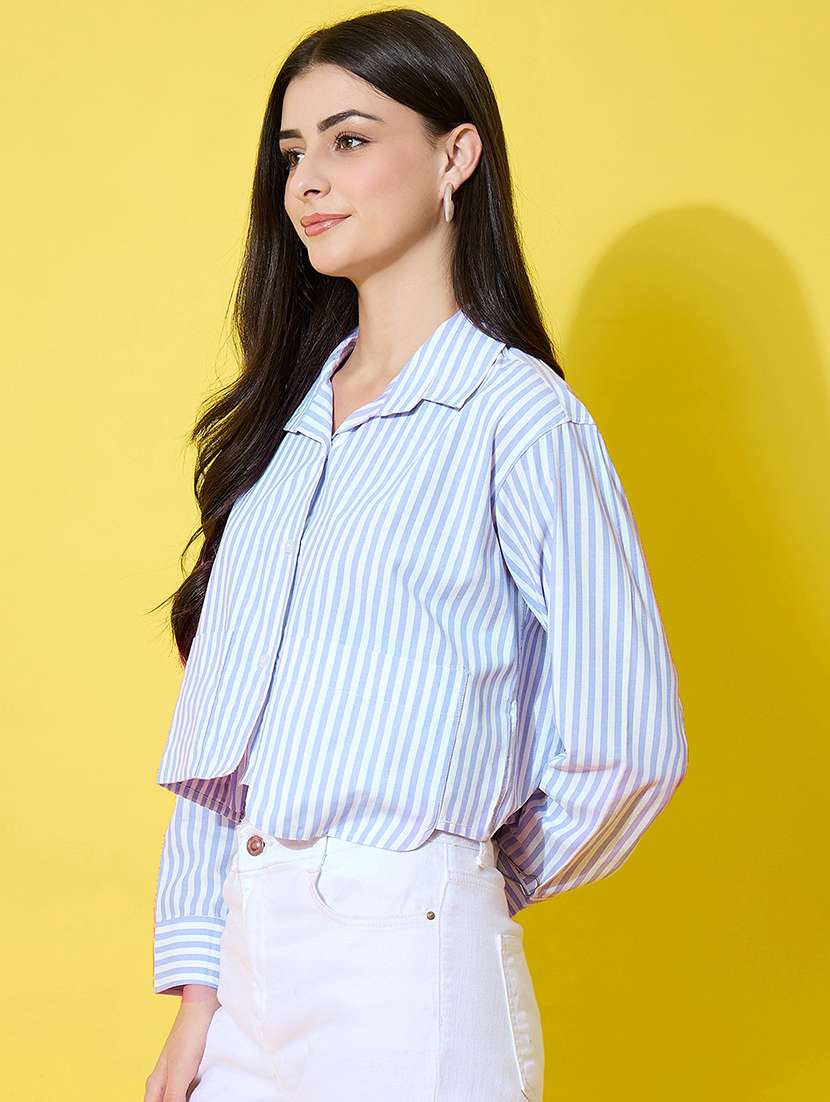 women striped collared long sleeve crop shirt - 22283664 -  Standard Image - 2