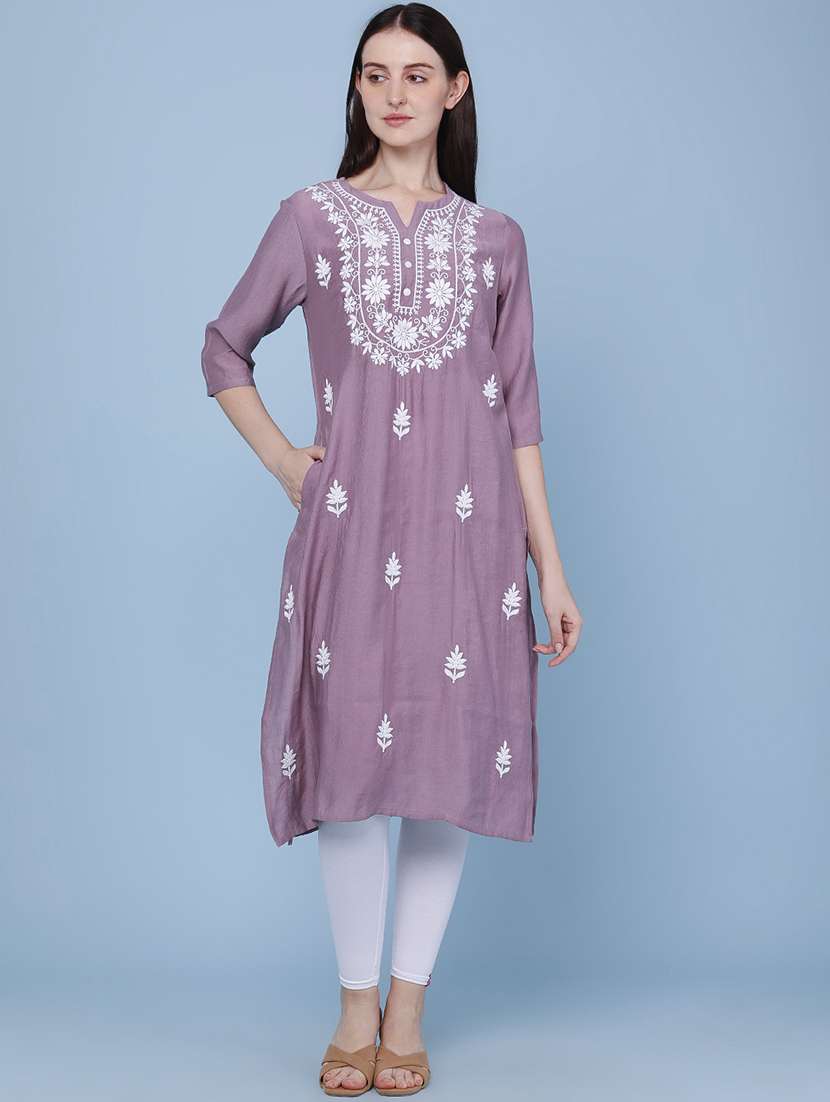 women embroidered three quarter sleeves straight kurta - 22284491 -  Standard Image - 2