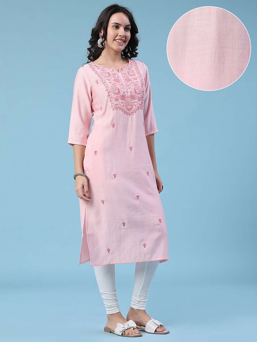 Women Embroidered Three Quarter Sleeves Straight Kurta - 22284492 -  Standard Image - 2
