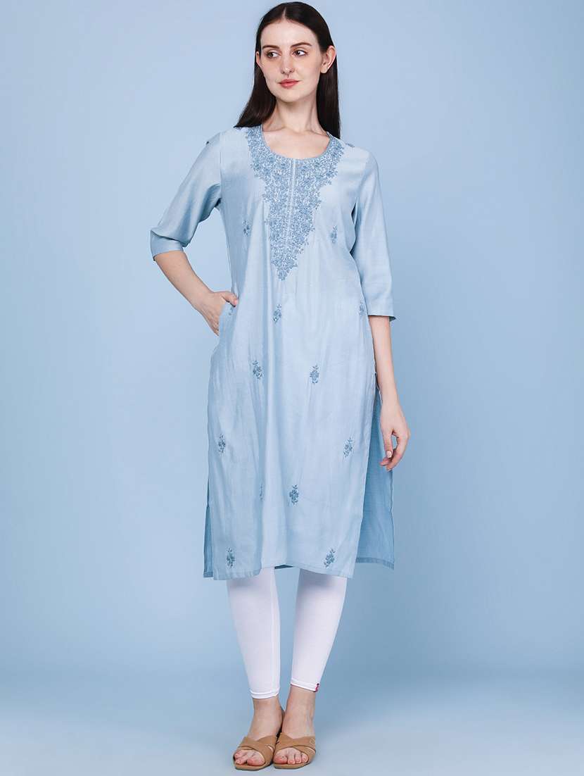 women embroidered three quarter sleeves straight kurta - 22284493 -  Standard Image - 2
