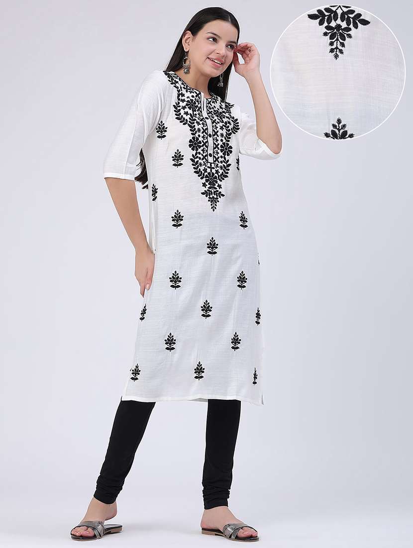 Women Embroidered Three Quarter Sleeves Straight Kurta - 22284494 -  Standard Image - 2
