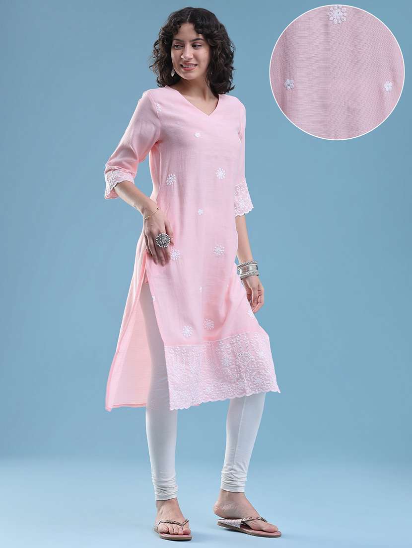 women embroidered three quarter sleeves straight kurta  - 22284495 -  Standard Image - 2