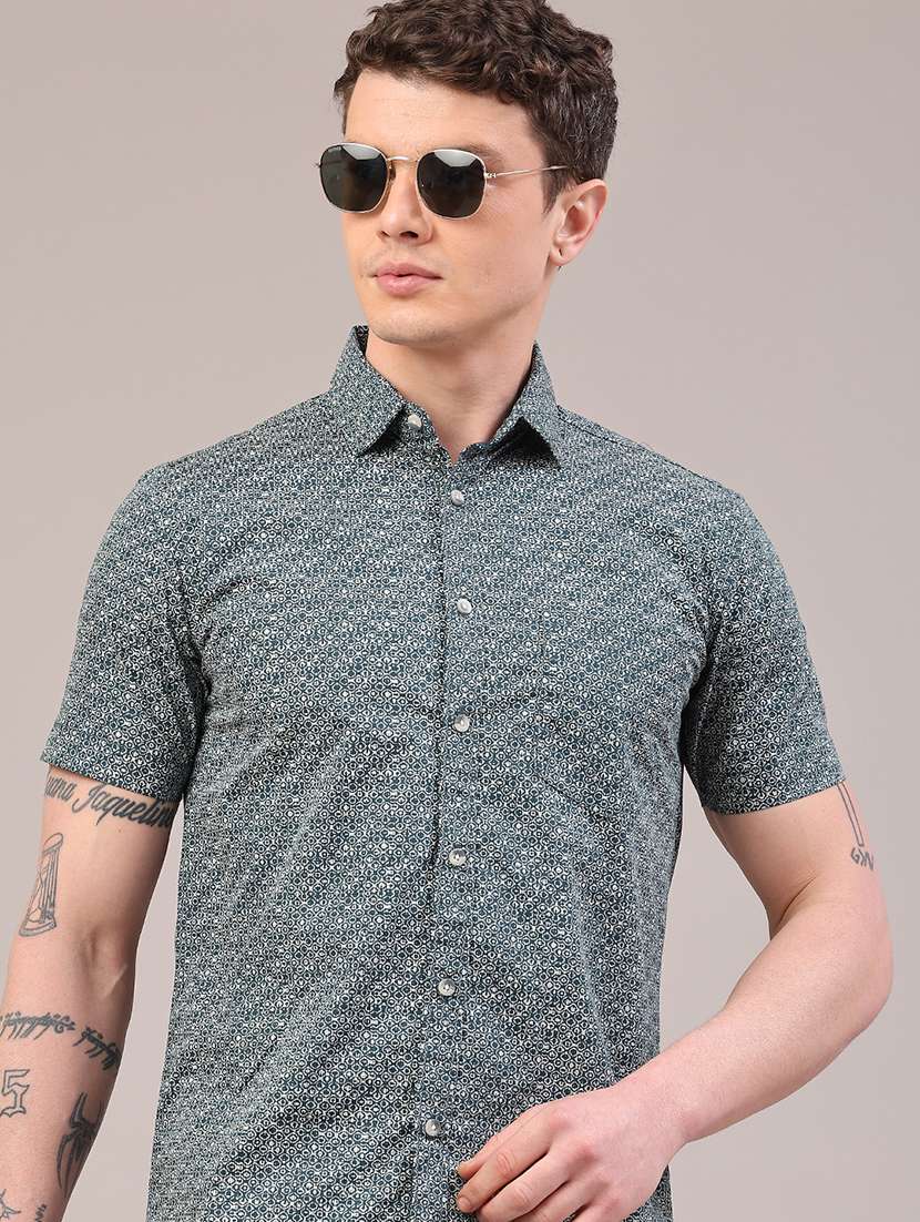 men printed short sleeve slim fit casual shirt