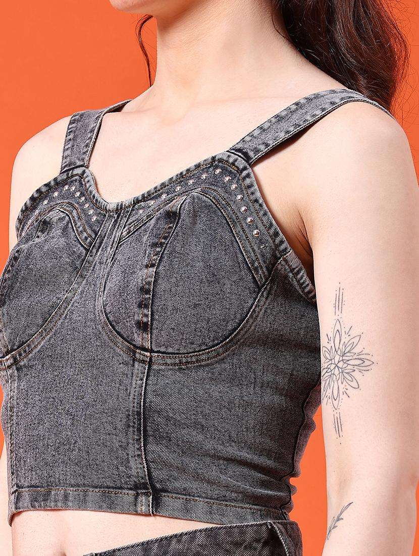 women solid sleeveless denim crop top - 22284954 -  Standard Image - 2