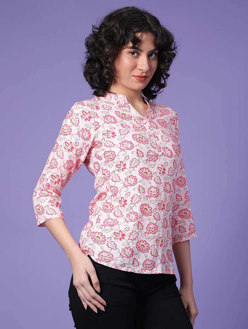 women floral print three quarter sleeve straight top - 22284956 -  Standard Image - 2