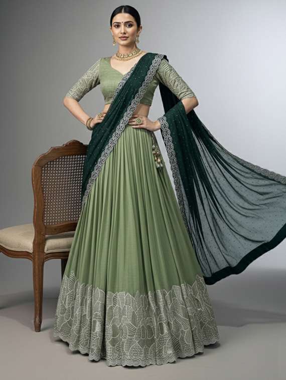 women solid with work semi-stitched flared lehenga