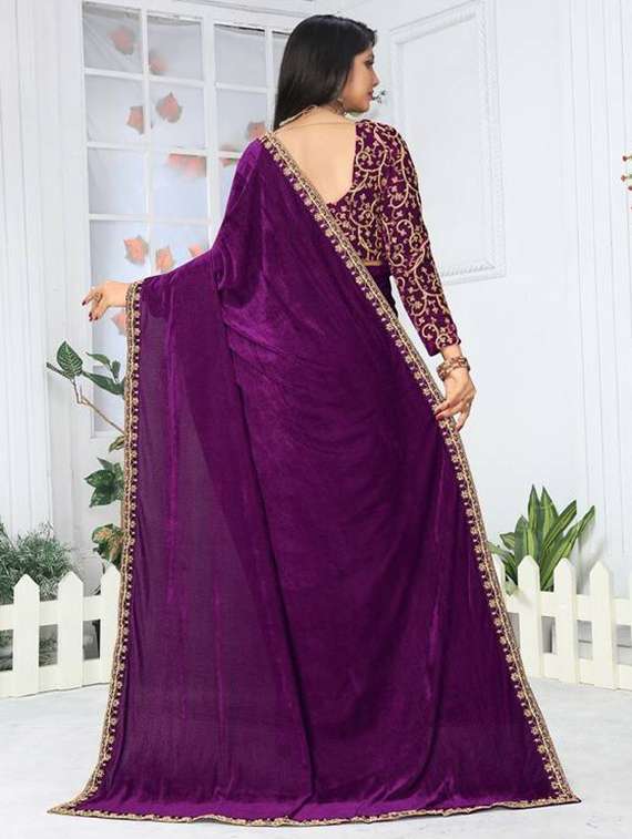 women solid with embroidered bordered saree with blouse - 22285396 -  Standard Image - 2