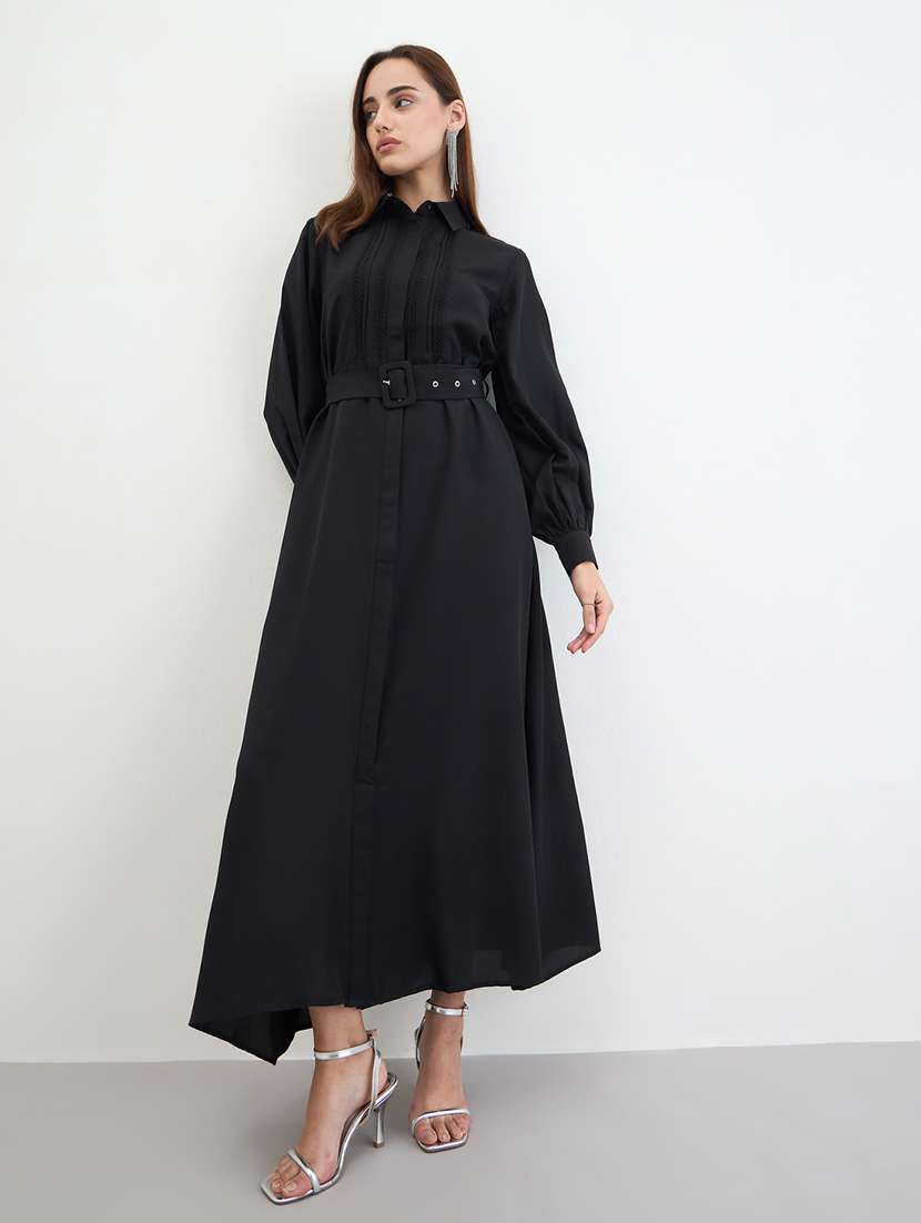 women solid collared puff sleeve shirt dress - 22285409 -  Standard Image - 2
