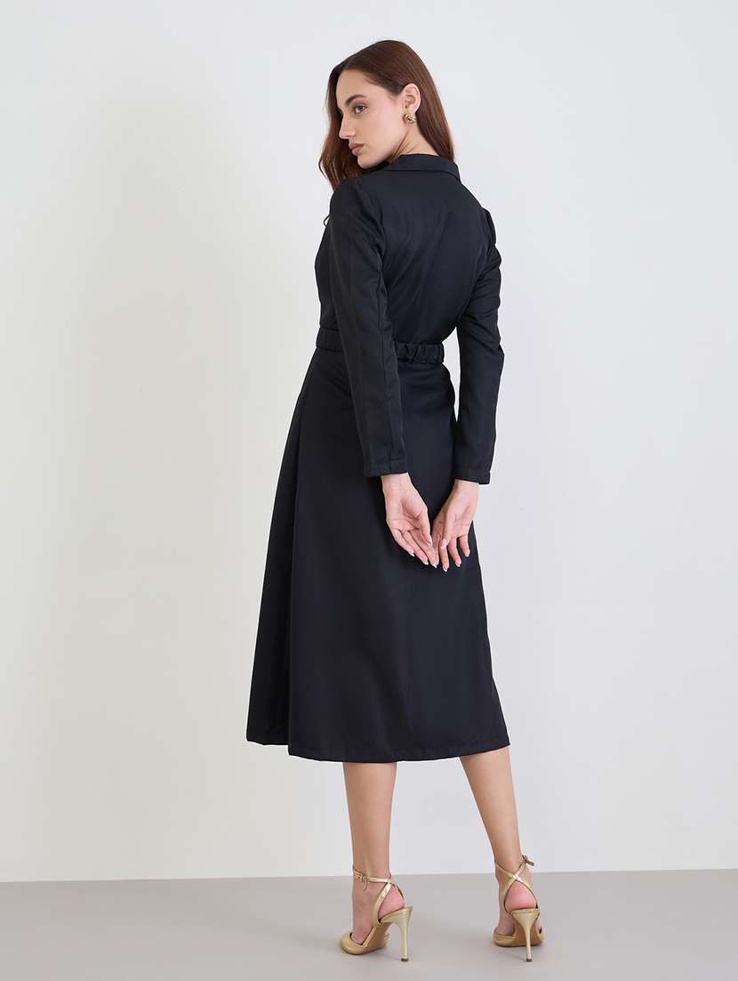 women solid lapel neck long sleeve wrap dress - 22285412 -  Standard Image - 2