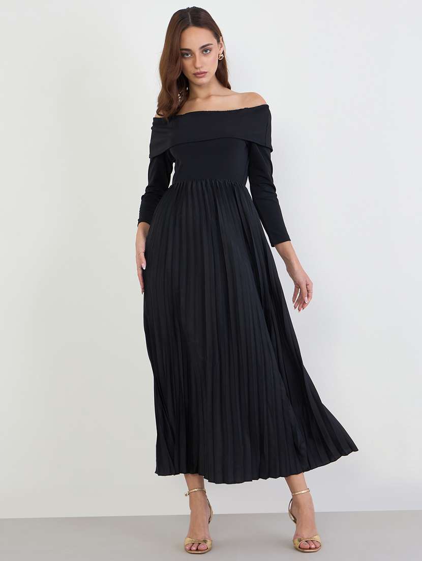 women solid off shoulder fit & flare dress