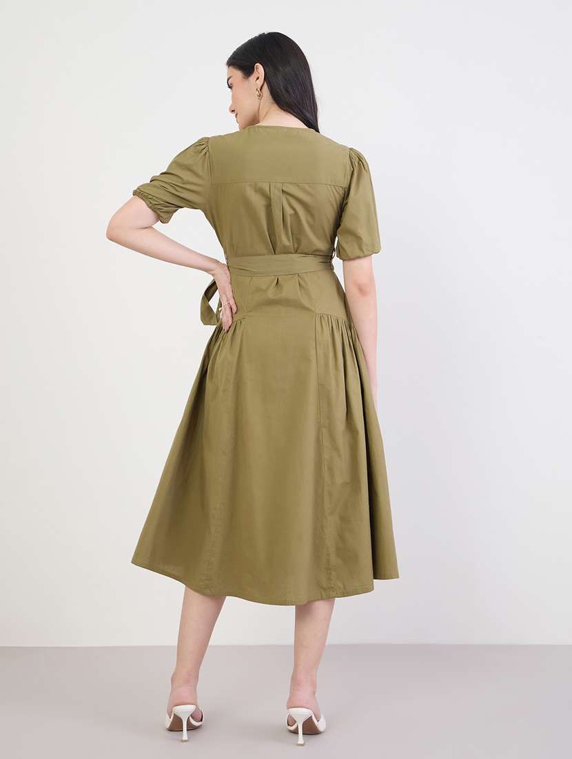 women solid puff sleeve fit & flare dress - 22285415 -  Standard Image - 2