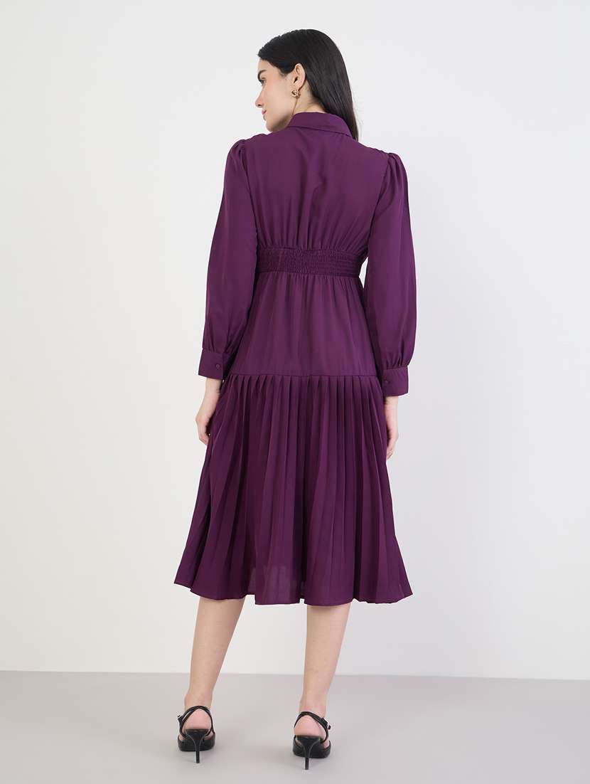 women solid collared puff sleeve a-line dress - 22285417 -  Standard Image - 2