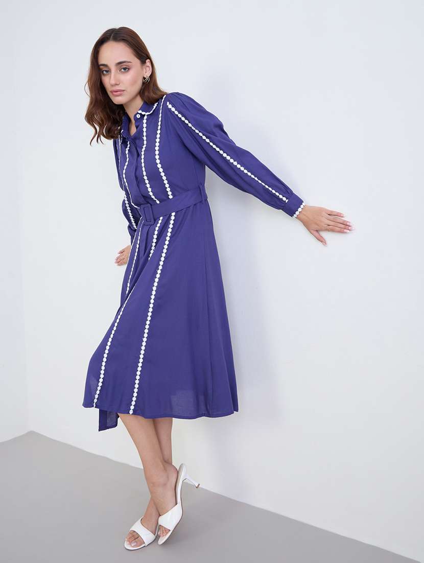 women solid collared puff sleeve a-line dress - 22285421 -  Standard Image - 2
