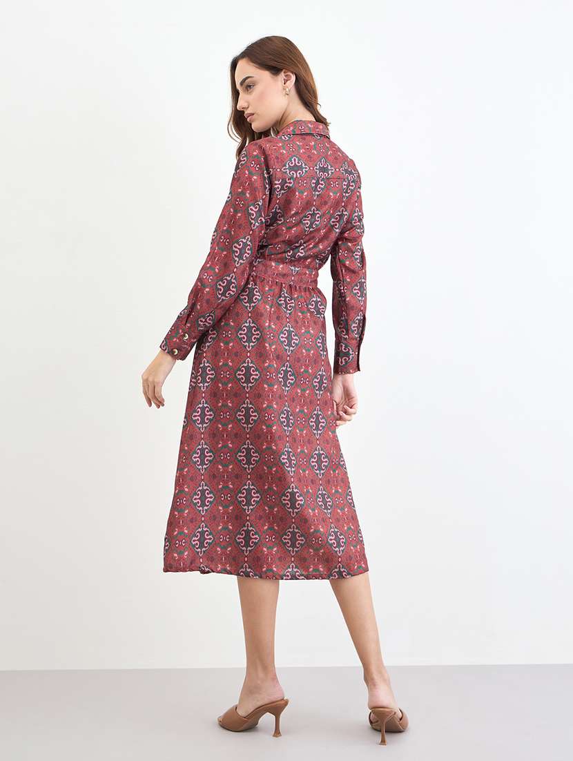 women printed collared puff sleeve a-line dress - 22285426 -  Standard Image - 2