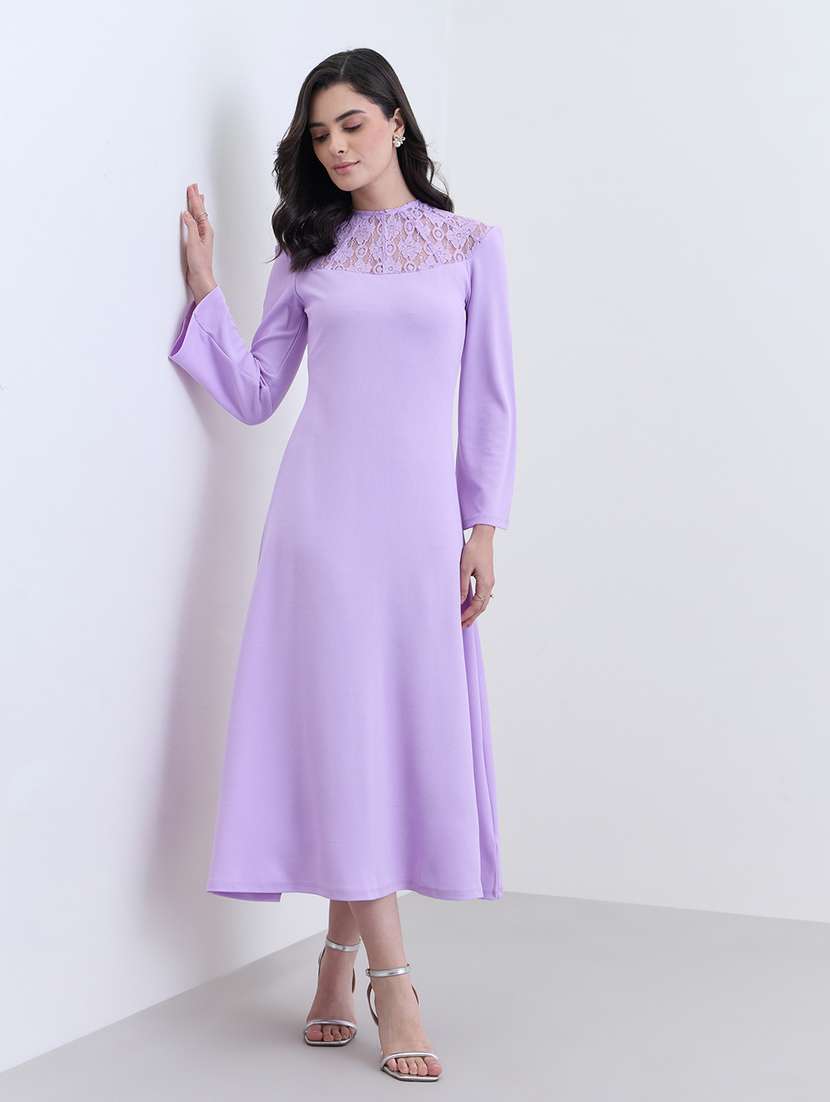 women solid long sleeve lace a-line dress