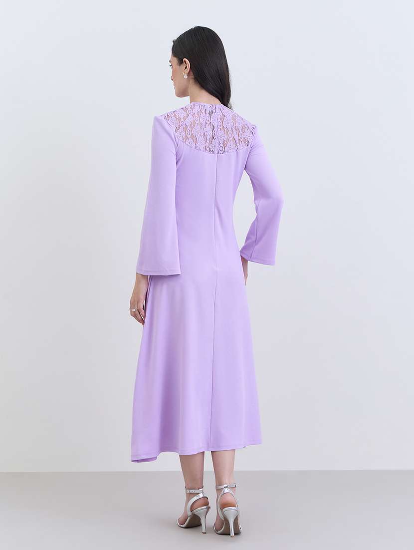 women solid long sleeve lace a-line dress - 22285431 -  Standard Image - 2