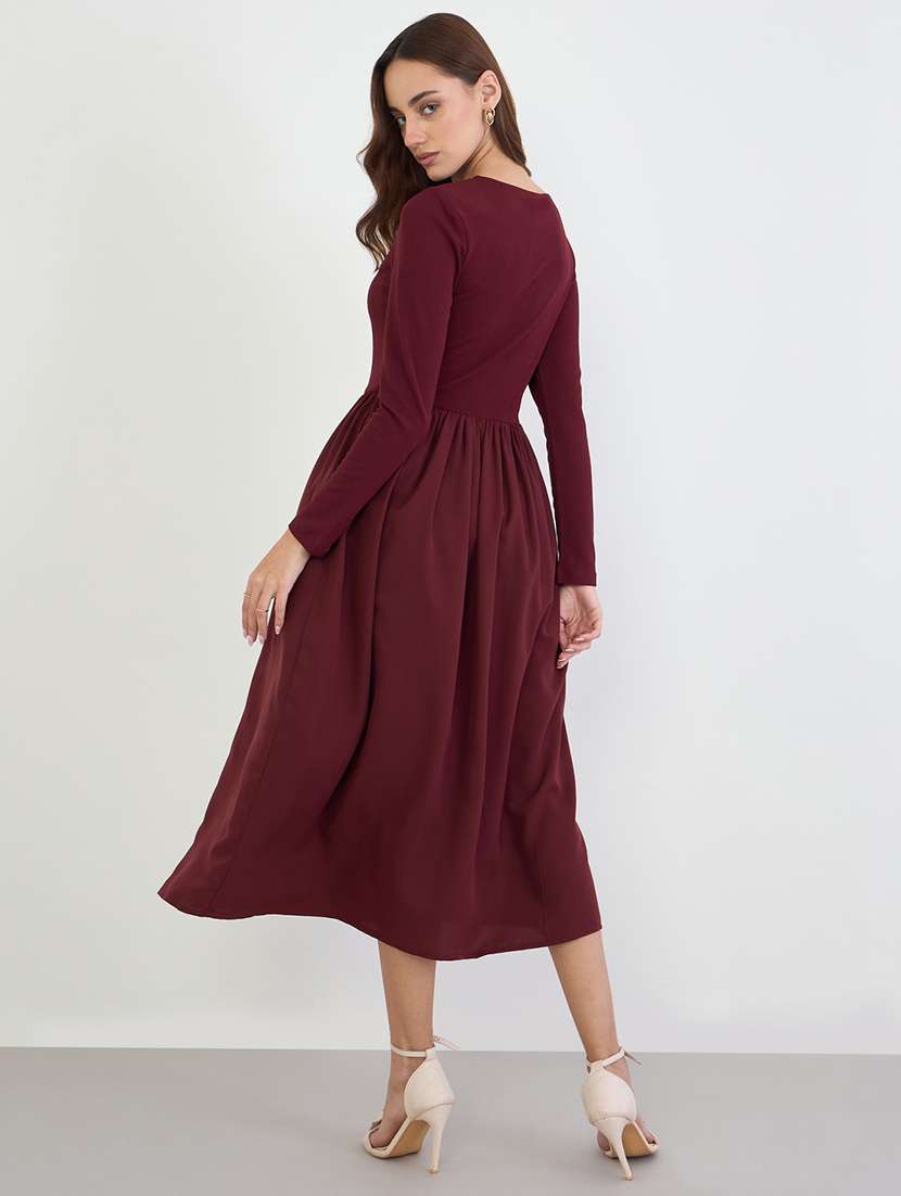 women solid long sleeve fit & flare dress - 22285432 -  Standard Image - 2