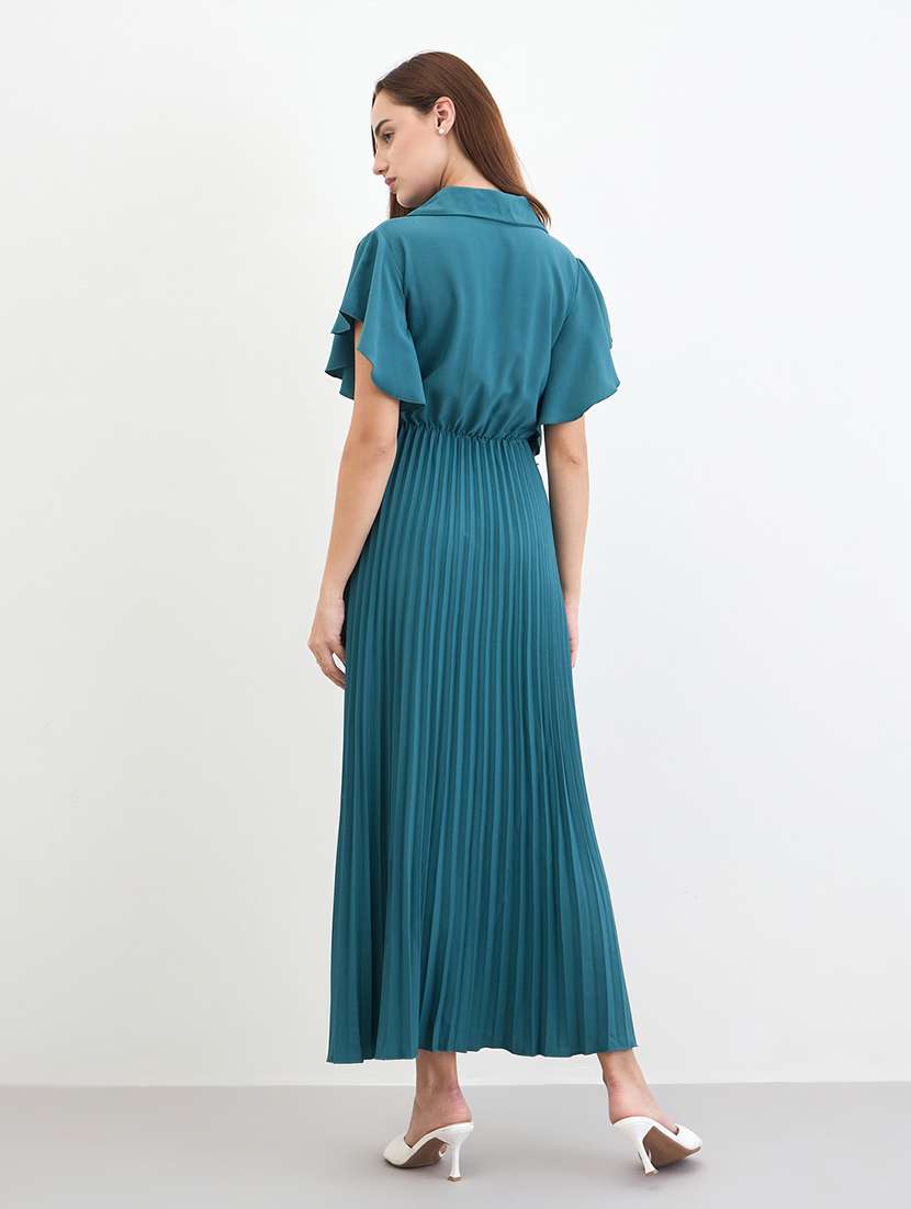 women solid collared flared sleeve a-line dress - 22285437 -  Standard Image - 2