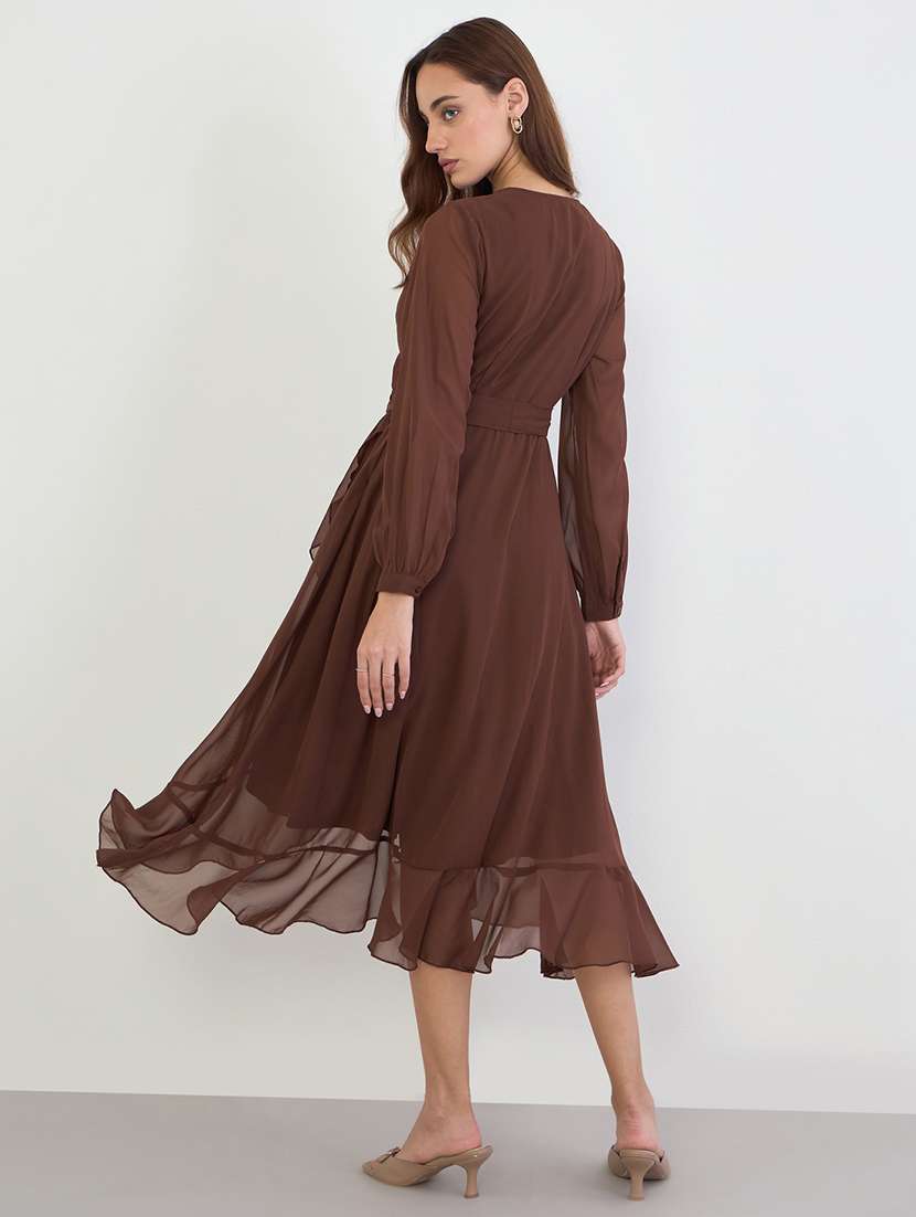 women solid puff sleeve wrap dress - 22285438 -  Standard Image - 2