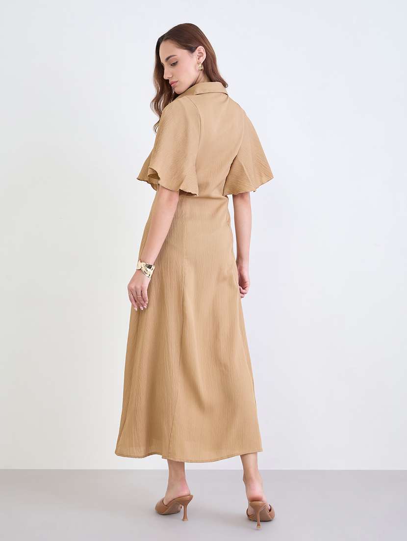 women solid collared flared sleeve a-line dress - 22285439 -  Standard Image - 2