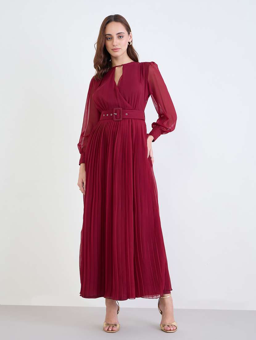 women solid puff sleeve a-line dress - 22285441 -  Standard Image - 2