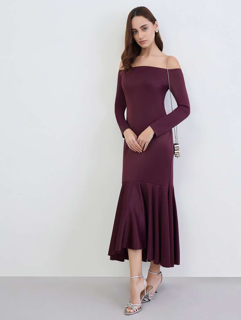 women solid long sleeve off shoulder bodycon dress