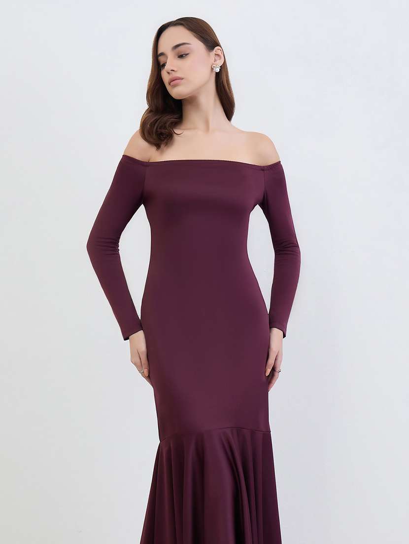 women solid long sleeve off shoulder bodycon dress - 22285445 -  Standard Image - 2