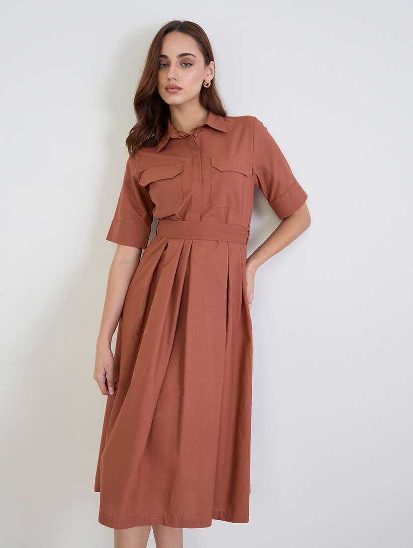 women solid collared short sleeve a-line dress