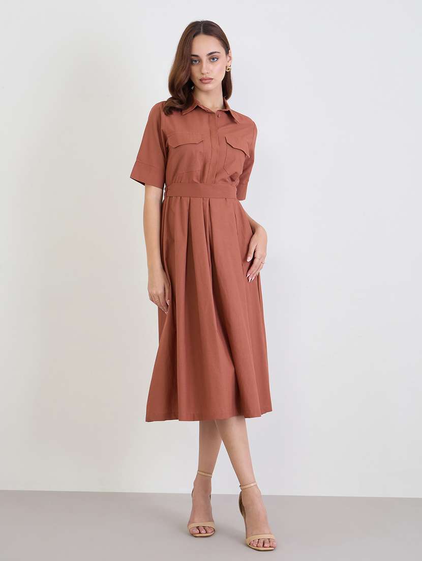 women solid collared short sleeve a-line dress - 22285446 -  Standard Image - 2