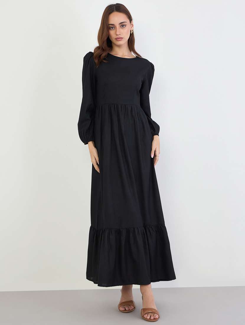 women solid puff sleeve tiered dress