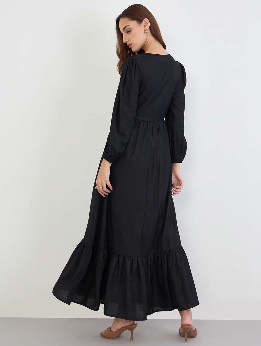 women solid puff sleeve tiered dress - 22285449 -  Standard Image - 2